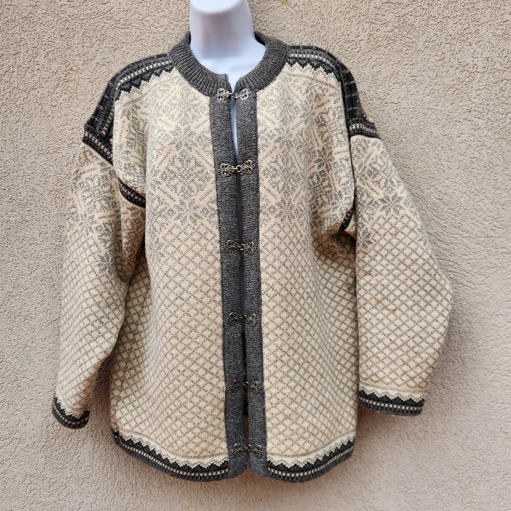 NORSK WEAR Women's Cardigan Medium Gray Fair Isle Made Norway 100% Wool Sweater